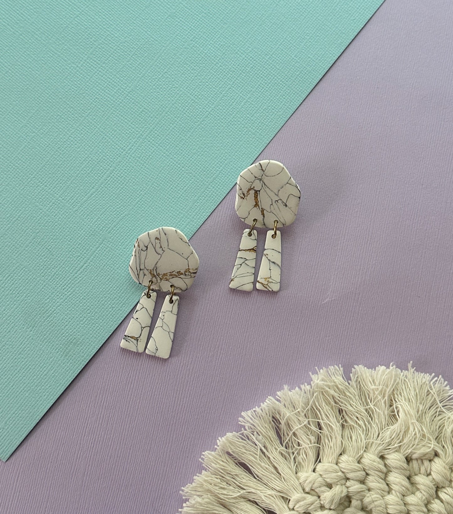 Organic Dangle in White Marble | Polymer Clay Earrings