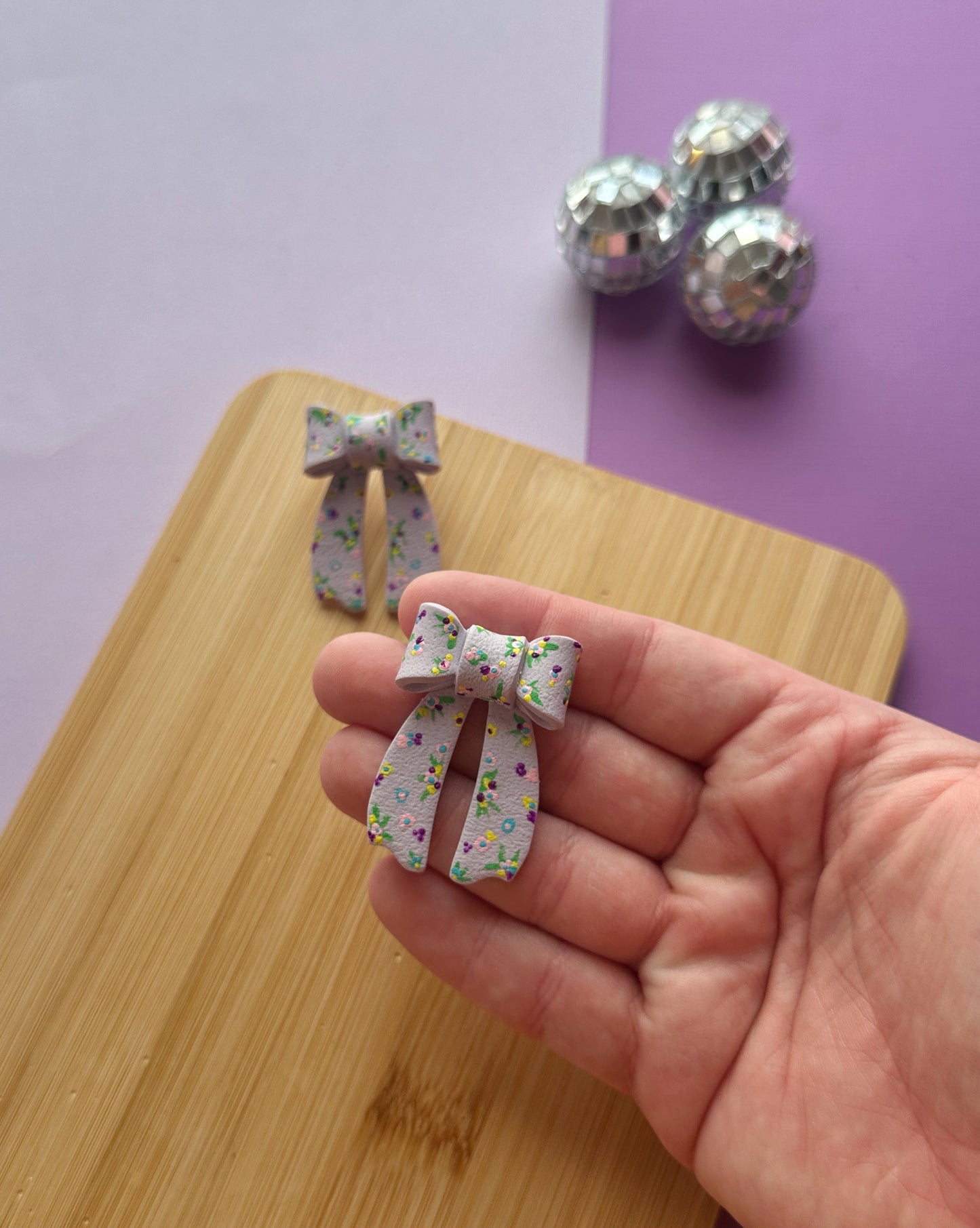 Hand-painted Lilac Bow Studs | Polymer Clay Earrings