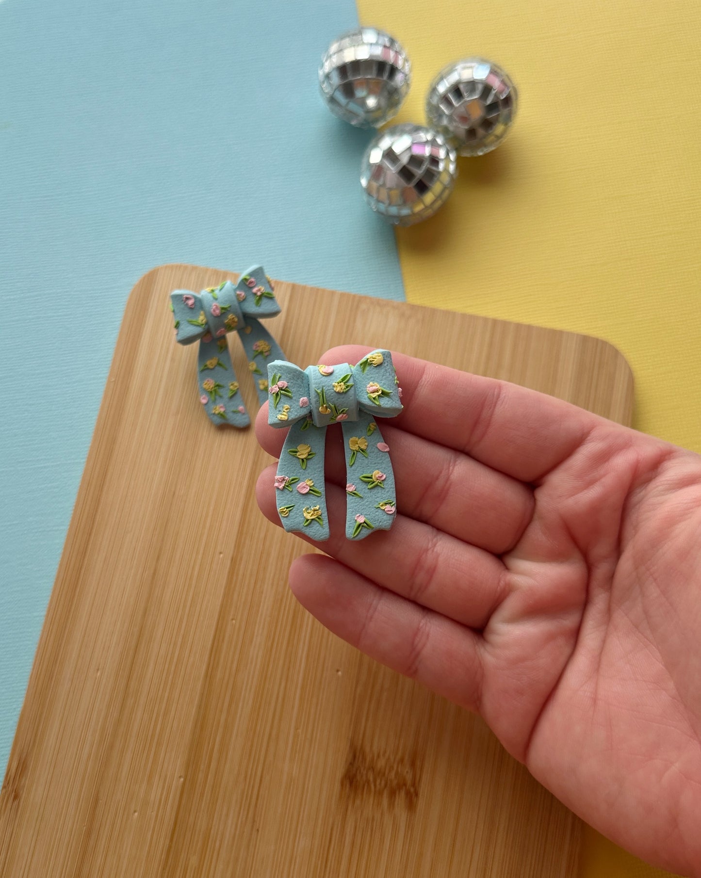 Floral Pastel Blue Bow Studs | Polymer Clay Earrings
