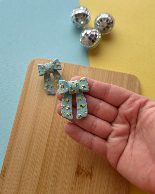 Floral Pastel Blue Bow Studs | Polymer Clay Earrings