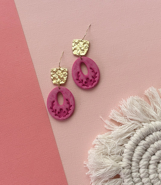 Folk Art Oval in Pink | Polymer Clay Earrings