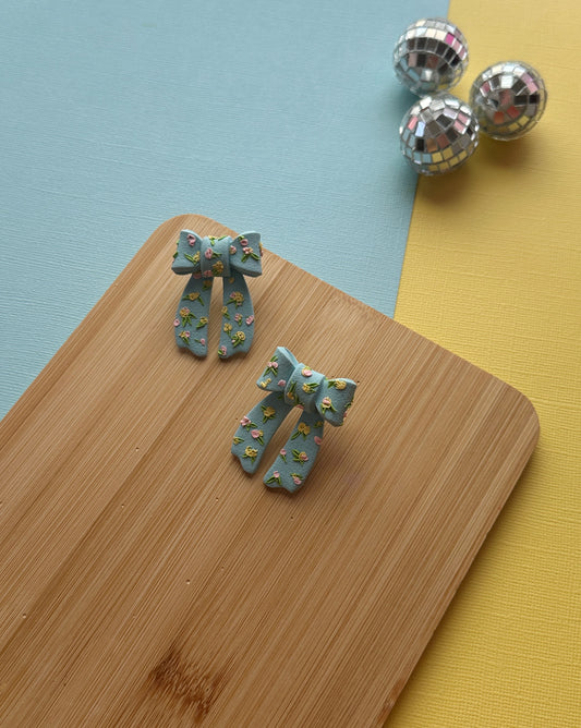 Floral Pastel Blue Bow Studs | Polymer Clay Earrings