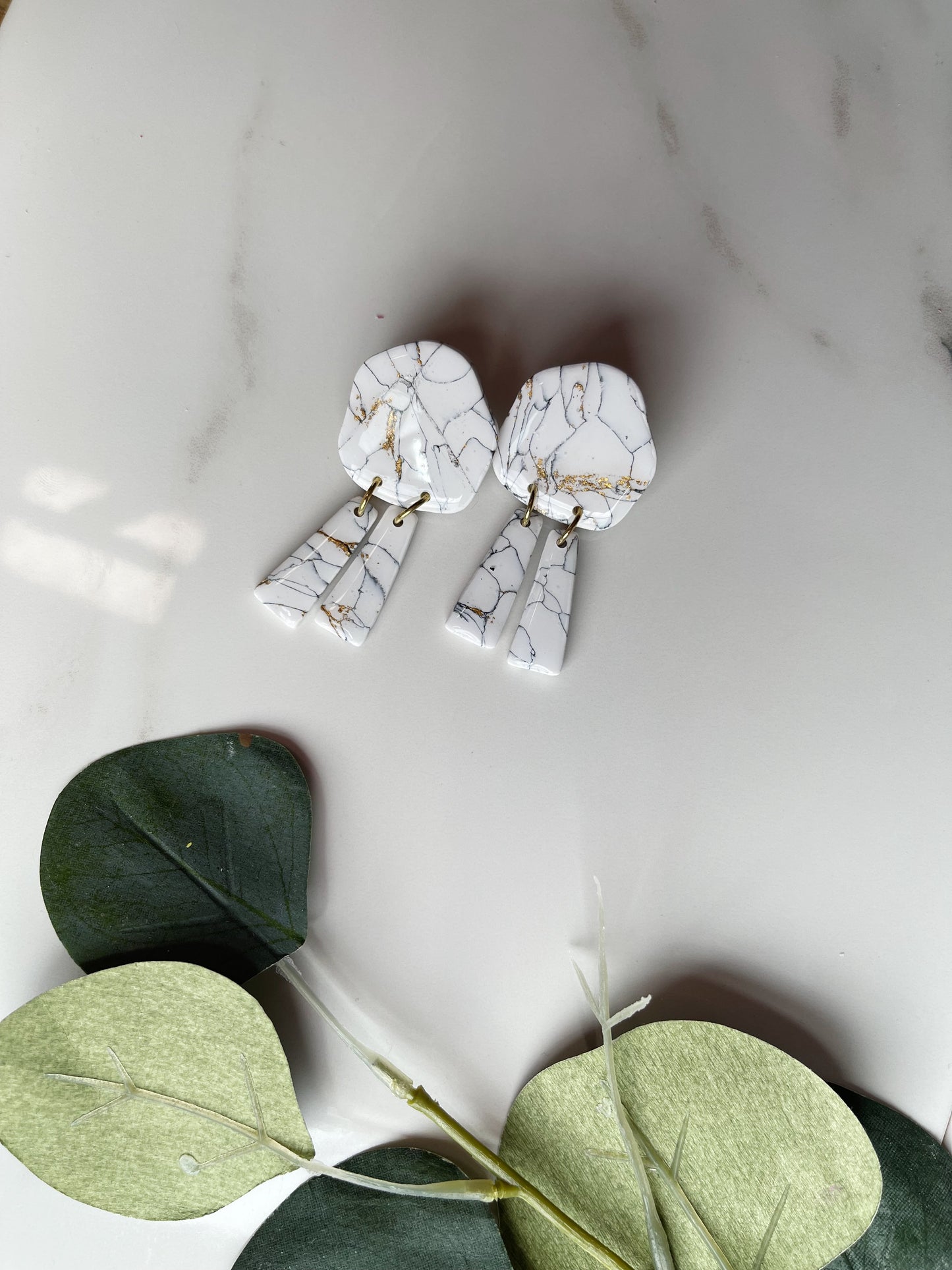 Organic Dangle in White Marble | Polymer Clay Earrings