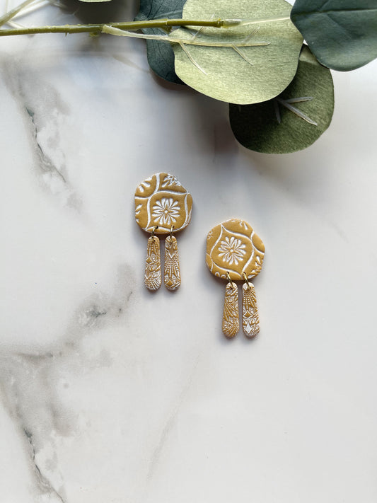 Organic Dangle Stud in Mustard | Polymer Clay Earrings