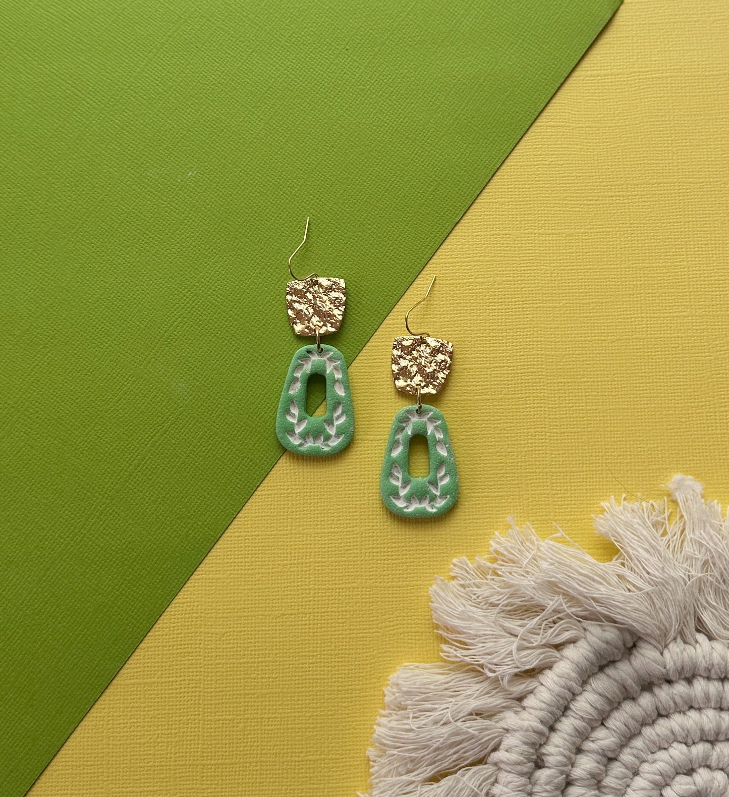 Floral Border in Green | Polymer Clay Earrings