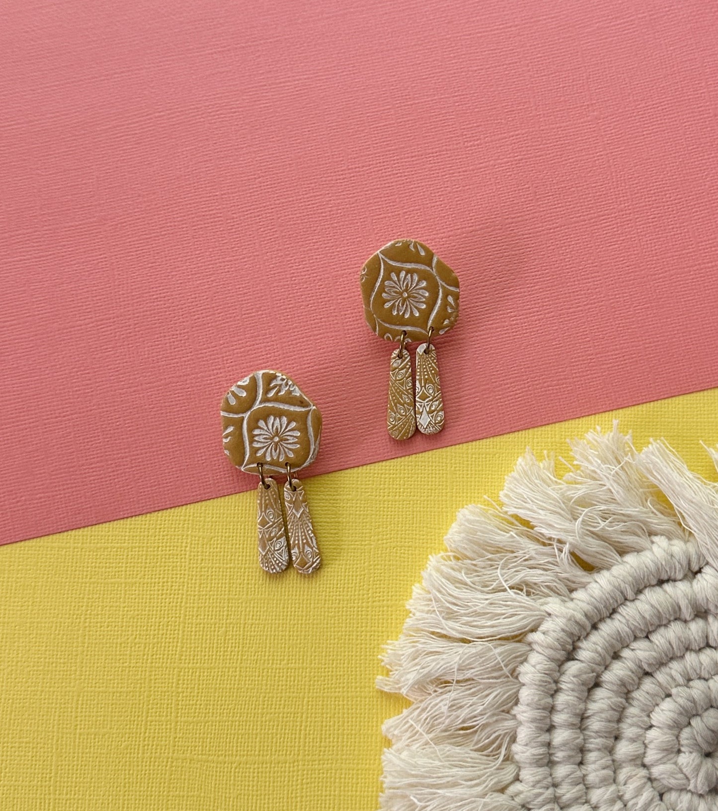 Organic Dangle Stud in Mustard | Polymer Clay Earrings