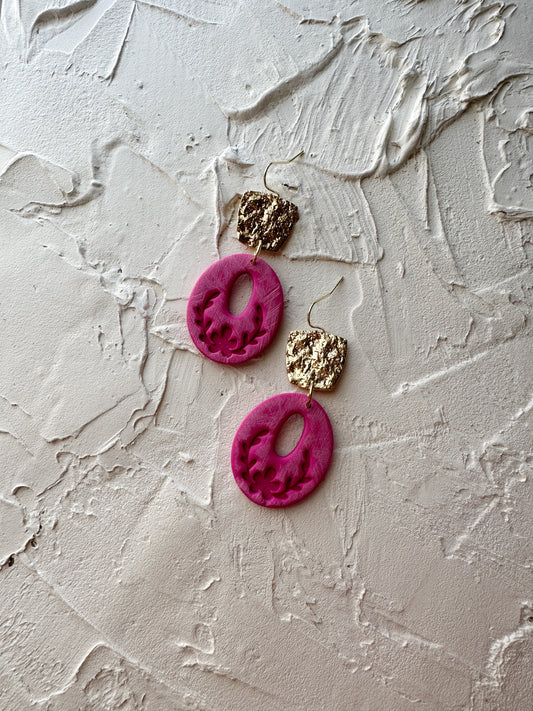 Folk Art Oval in Pink | Polymer Clay Earrings